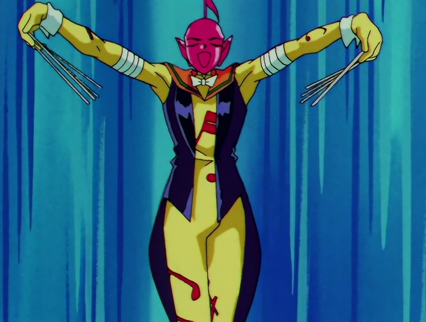 Sailor Conductor, a Phage from Sailor Moon episode 180. His head is bright magenta, and has a protrusion coming out of the top of it, making it look like a musical note. The rest of his body is yellow and decorated with red musical notes. He wears a long black waistcoat with an orange sailor collar, and wields eight conductor’s batons.